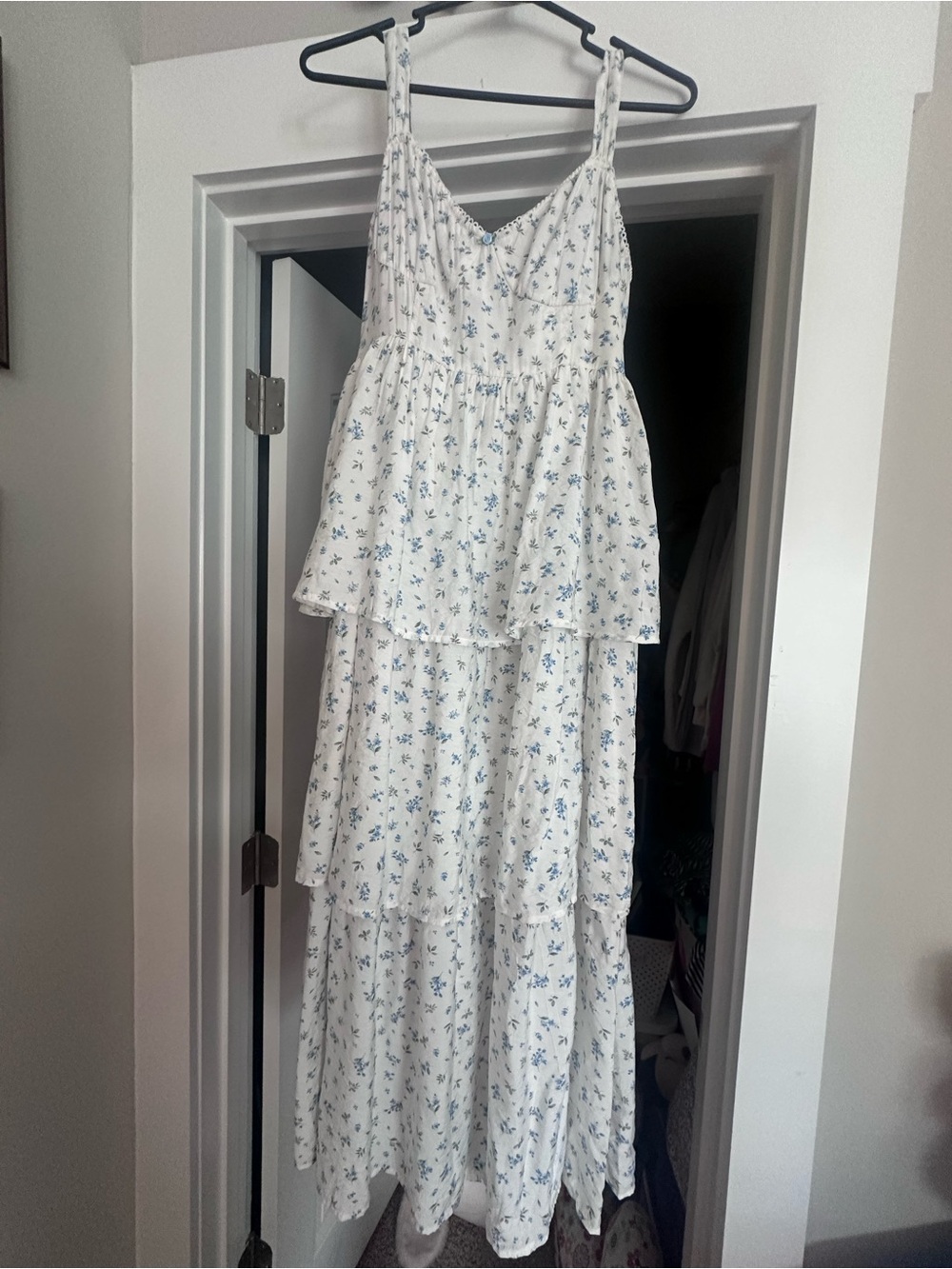 White & Blue Floral Tiered Maxi Dress - Sleeveless V-Neck